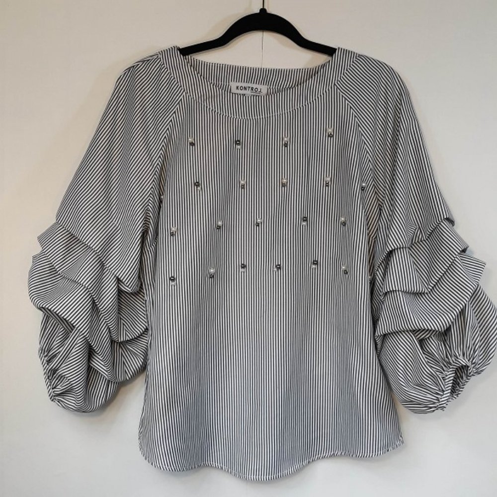 SOLD-Kontrol Blouse Women's Med GUC Puffy Sleeve Pearl Accents Stripes Top Shirt - Picture 2 of 8